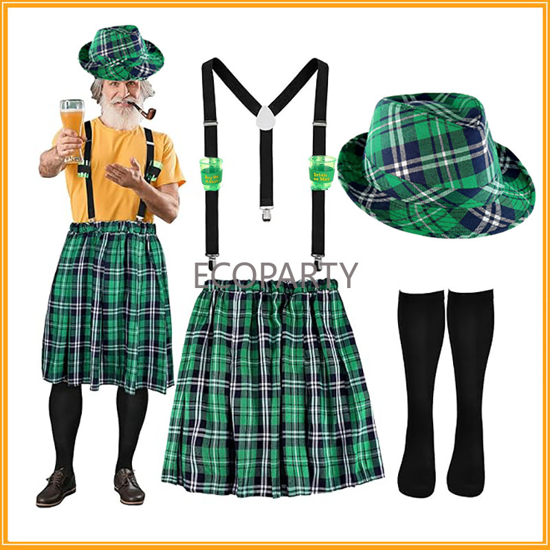 Sock Garter Men - St. Patricks Day-Kostüm-Set, grün kariert, Rock,