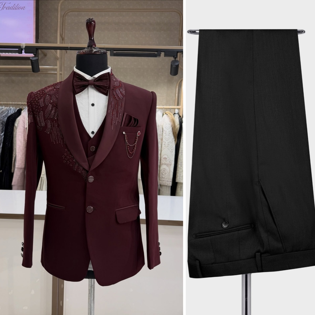 Men Formal Wear Modern - 3-teiliger Bräutigam Hochzeitsanzug mit Perlen und